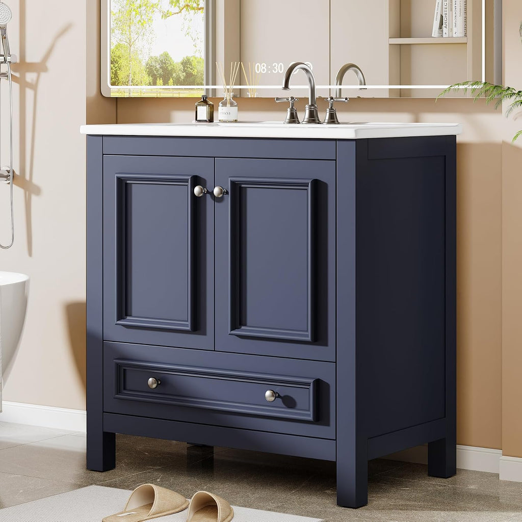 Tribesigns 30" Bathroom Vanity with Sink, Freestanding Bathroom Vanities Cabinet with Ceramic Basin Combo, Bathroom Sink Cabinet with 2 Doors and 1 Drawer, Solid Wooden Frame (Navy Blue, 30 INCH)