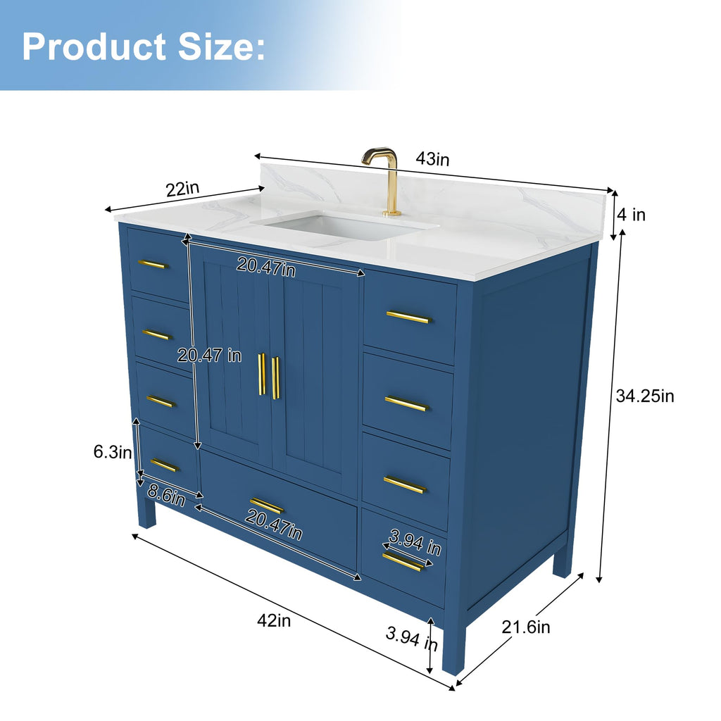 60" Bathroom Vanity Single Sink with 3 Hole, Sink Bathroom Vanity with Solid Wood Frame Storage,Soft Close Double Doors & 9 Sliding Drawers, with Gold Accents