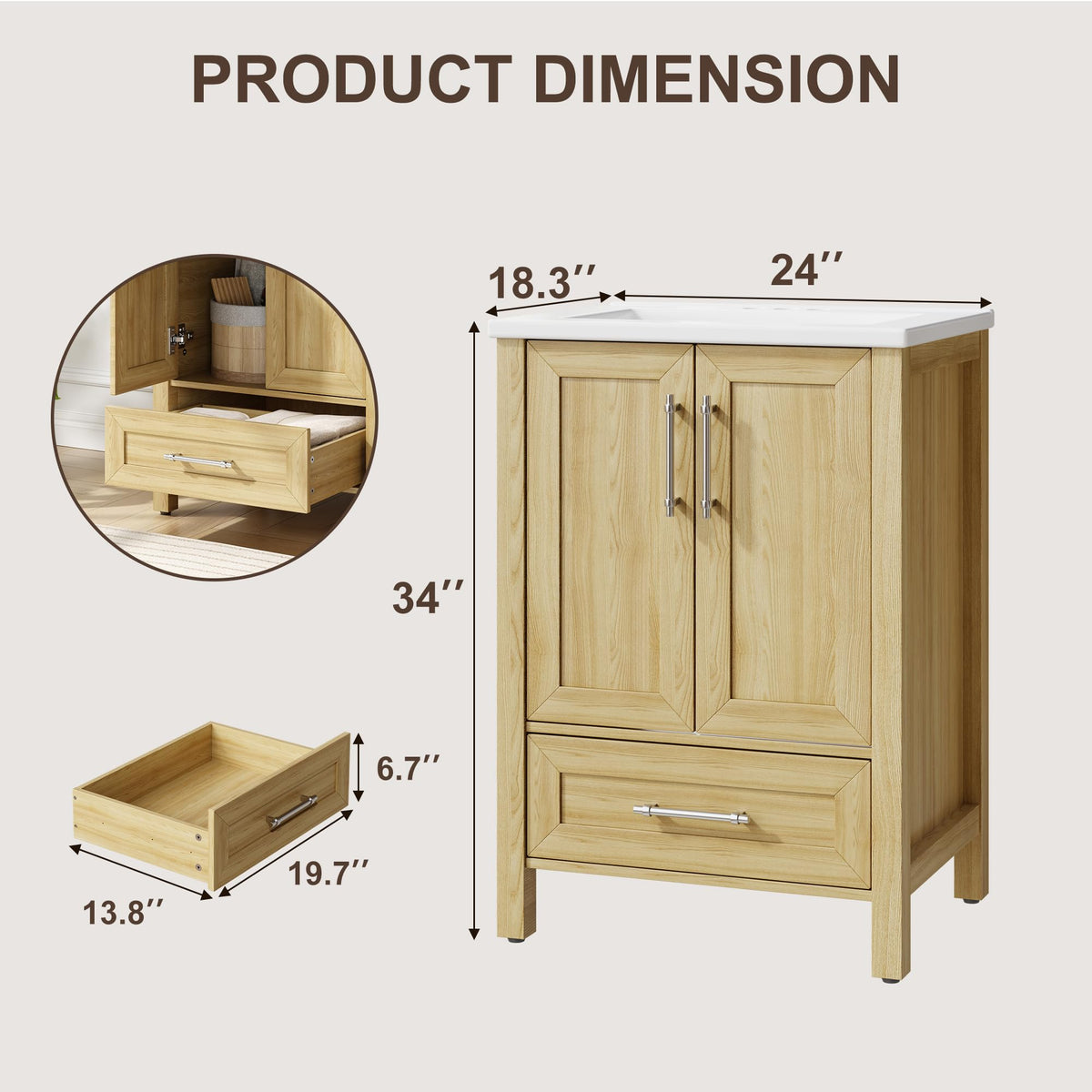 Garvee 24" Bathroom Vanity with Sink, Freestanding Bathroom Cabinet