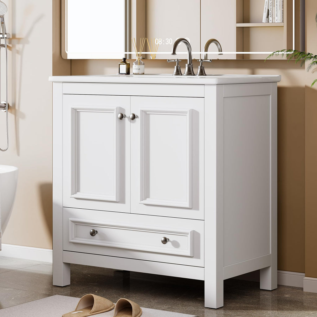 Tribesigns 30" Bathroom Vanity with Sink, Freestanding Bathroom Vanities Cabinet with Ceramic Basin Combo, Bathroom Sink Cabinet with 2 Doors and 1 Drawer, Solid Wooden Frame (Navy Blue, 30 INCH)