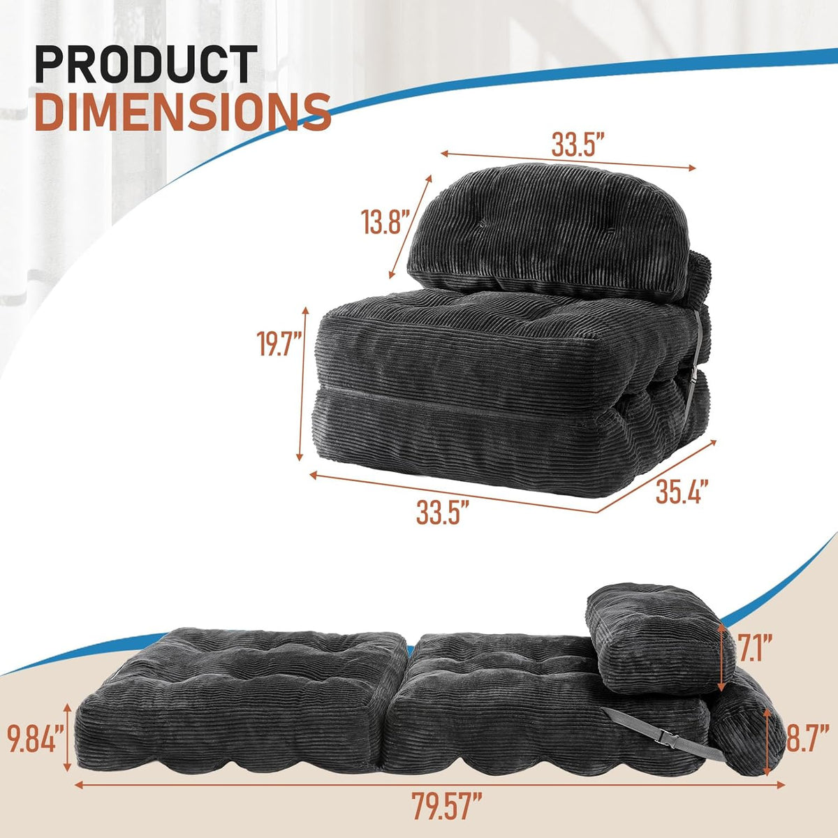 Folding Sofa Bed, Convertible Sleeper Chair with Back Support and Pillow