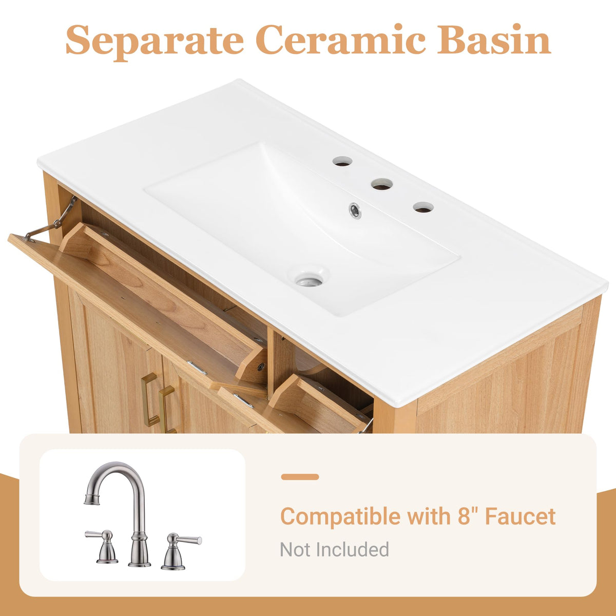 36 Inch Bathroom Vanities with Undermount Ceramic Sink, Storage Cabinet with Soft Closing Doors and Three Drawers, Solid Wood Frame, Natural Wood