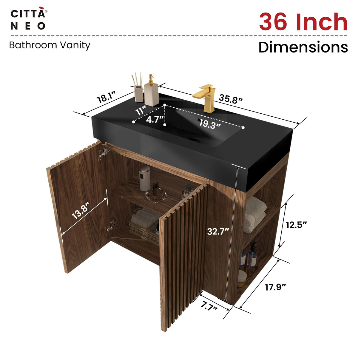 36â Modern Bathroom Vanity with Black Sink, Smoked Brown