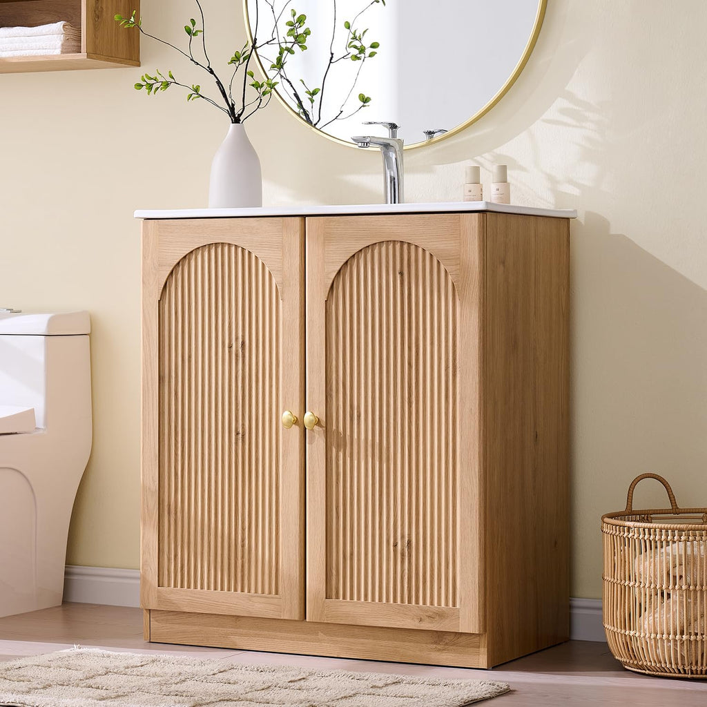 IFBUY 30 Inch Arched Bathroom Vanity with Sink, Fluted Design, Natural Oak