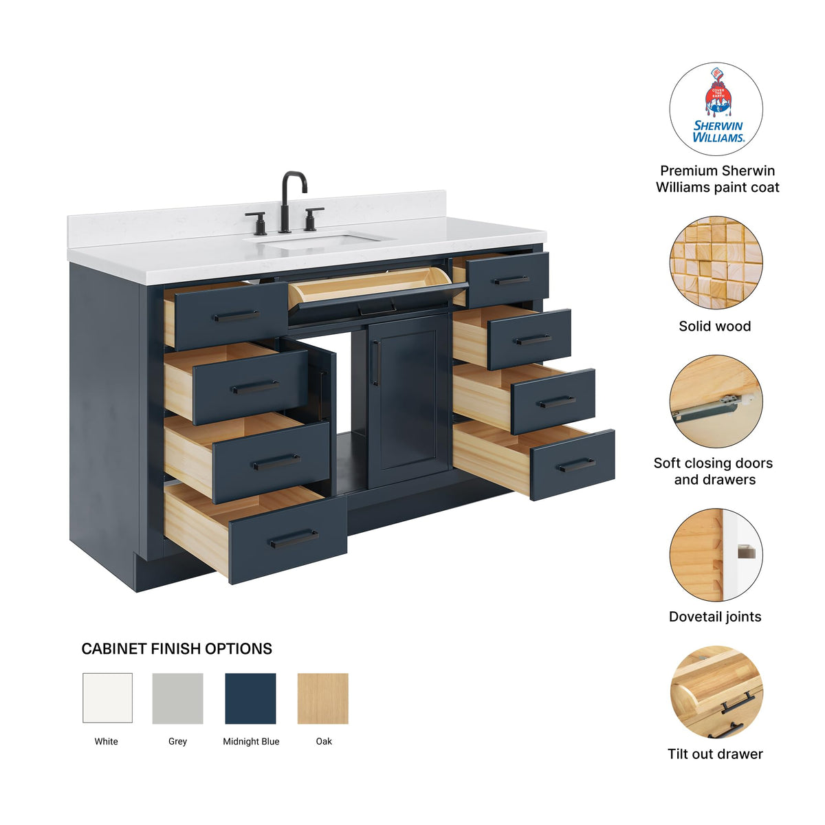 DKB Isabella 60 Inch Bathroom Vanity Single Sink â White Bathroom Vanity with Sink, 1.5" Edge Carrara White Quartz Countertop, Solid Wood, 2 Soft-Close Doors, 8 Dovetail Drawers + Tilt Drawer