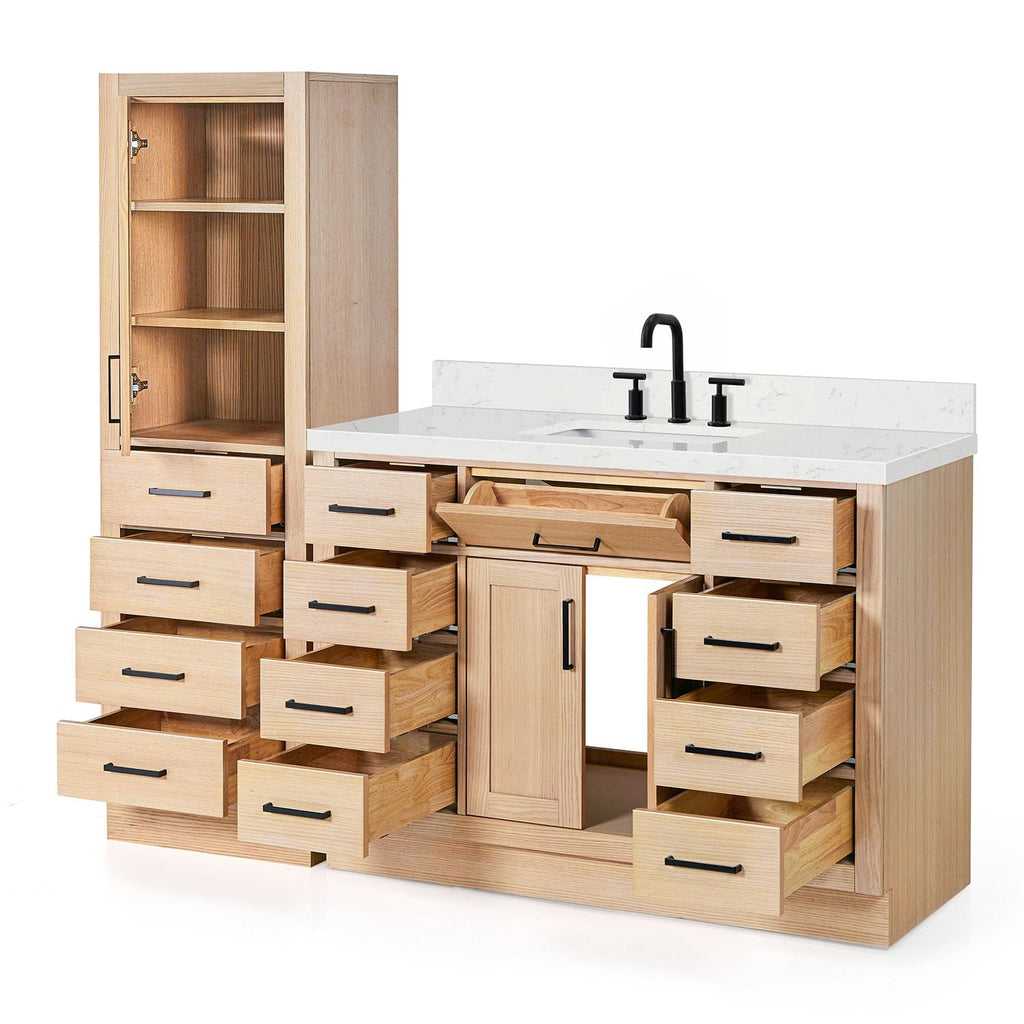 ARIEL Hepburn 92 Inch Includes 20 Inch Linen Cabinet and 1 of 72 Inch Double Rectangle Sink Bathroom Vanity with Carrara White Quartz Countertop 1.5 Inch in Natural Oak