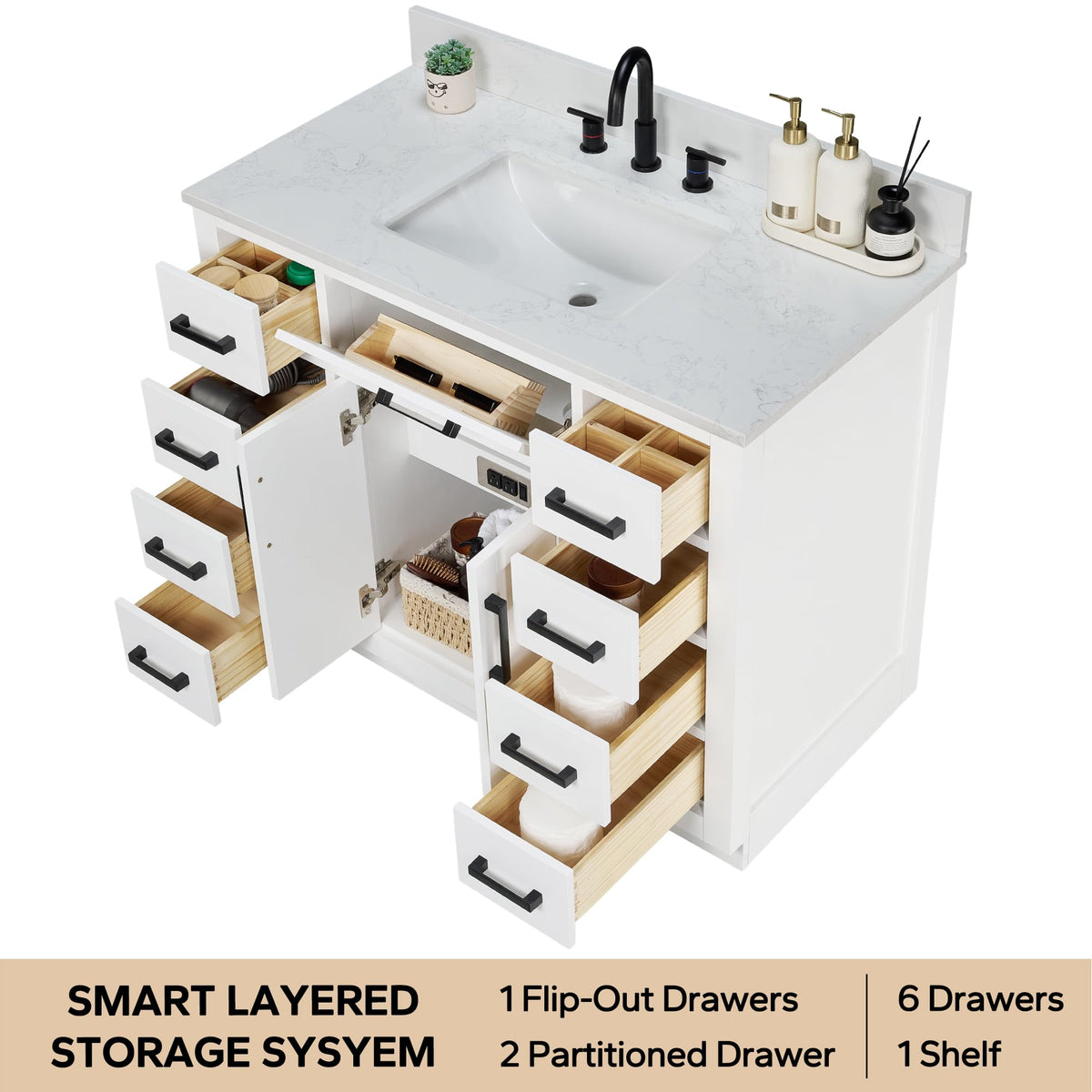 48-inch Dark Walnut Bathroom Vanity with Sink, Solid Wood, 0.79-inch Stone Countertop and Backsplash, 9 Drawers, 2 Soft Closing Doors