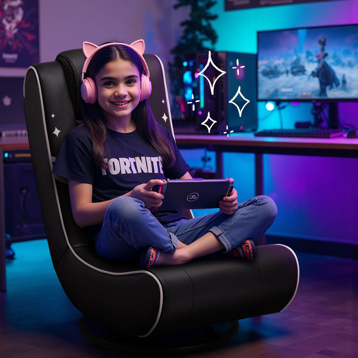 GTPLAYER Floor Gaming Chair Foldable Swivel Floor Chairs for Kids Boys Comfy Video Game Seat with 360Â° Multipurpose for Gamers, Bedroom or Game Room(Black-Blue)