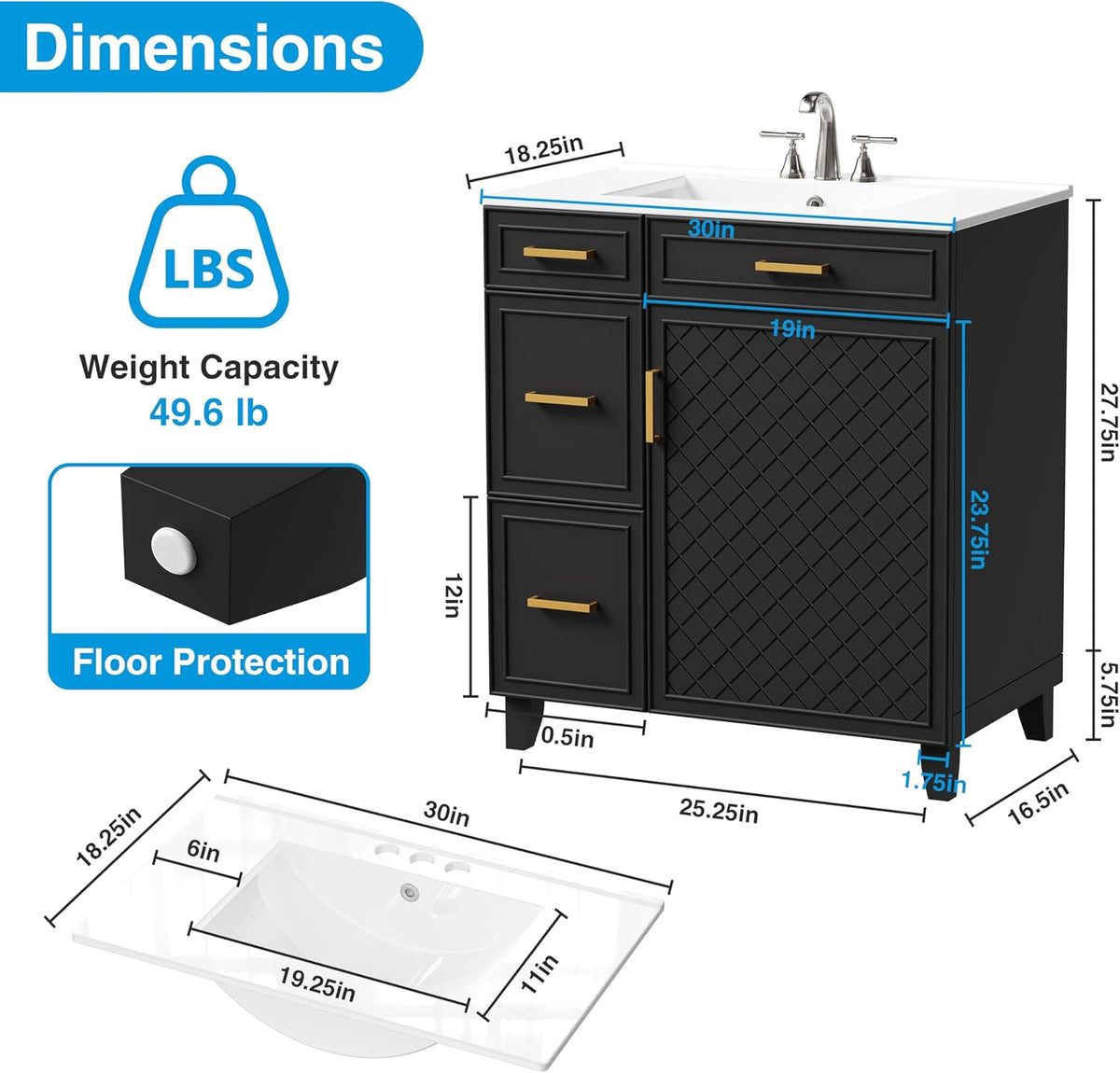 30" Bathroom Vanity with Sink, Solid Wood Frame Modern with Charging Station, Bathroom Single Sink Cabinet with 2 Drawers and 1 Doors, Gold Metal Handles, Black