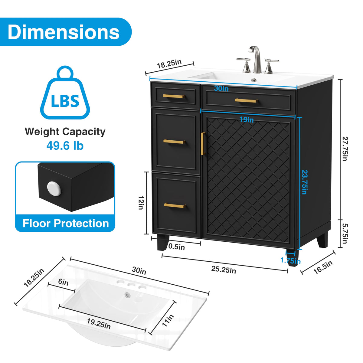 30" Bathroom Vanity with Sink, Solid Wood Frame Modern with Charging Station, Bathroom Single Sink Cabinet with 2 Drawers and 1 Doors, Gold Metal Handles, Black