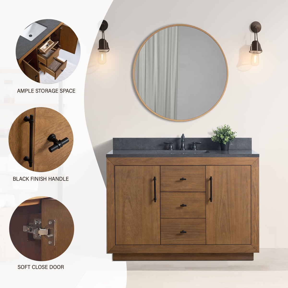 HOMEBEYOND 72" Bathroom Vanity with Double Sink & Ceramic Top, MDF Material Vanity Cabinet with Basin Combo, Soft-Closing Doors, Removable Shelf, Backsplash, Tan