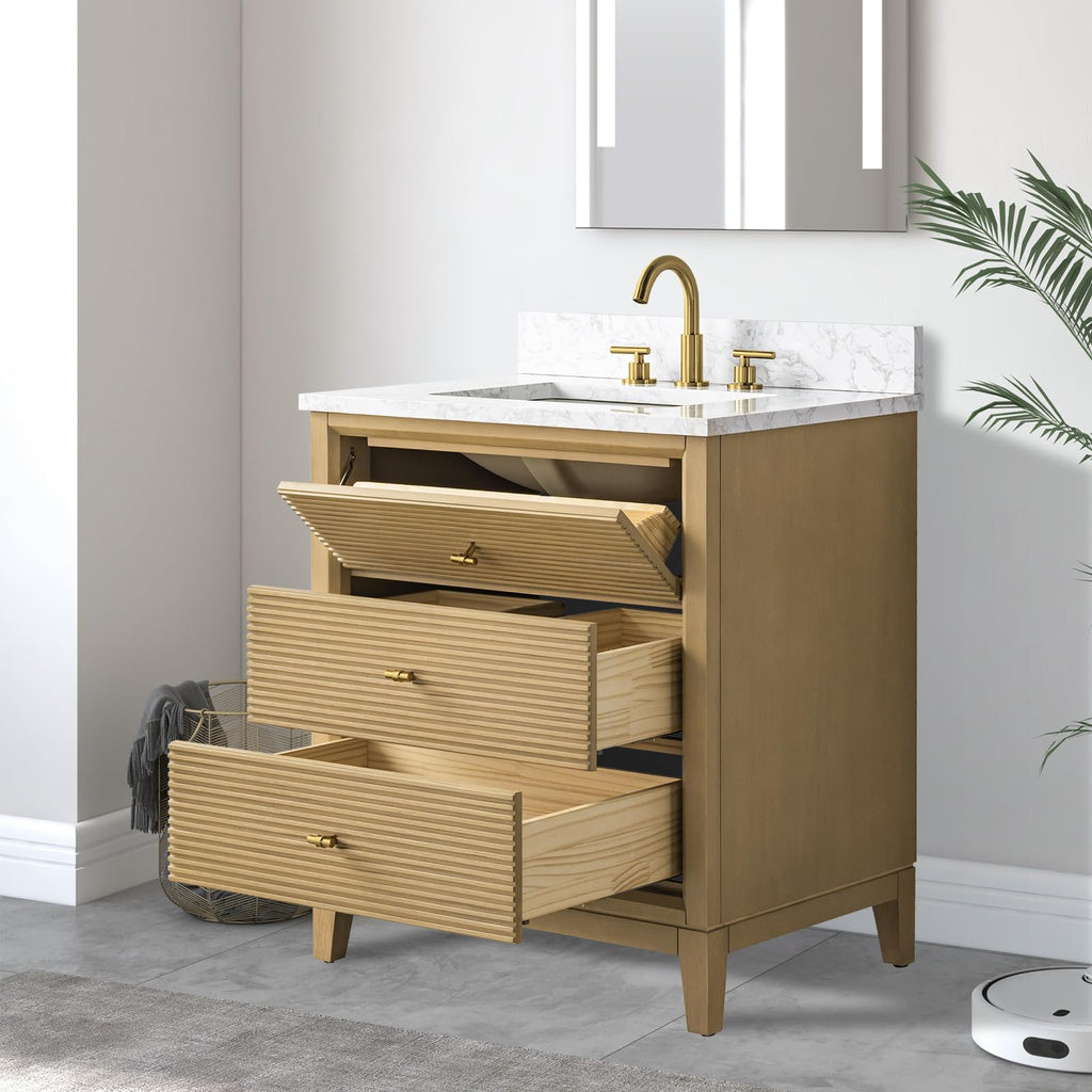 Vanity Art 72" Bathroom Vanity with Double Sink & Arabescato White Engineered Stone Top, Vanity Cabinet with Soft Closing Door, Solid Wood Frame, Golden Brushed Handles, Walnut VA8172D-Walnut-GB