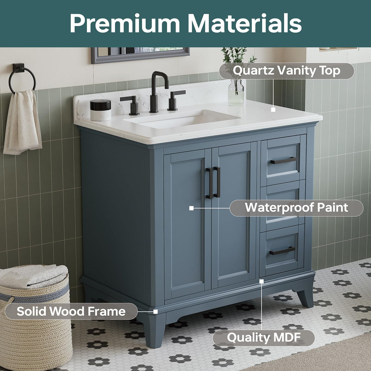 60 Inch Bathroom Vanity Double Sink, Steel Blue
