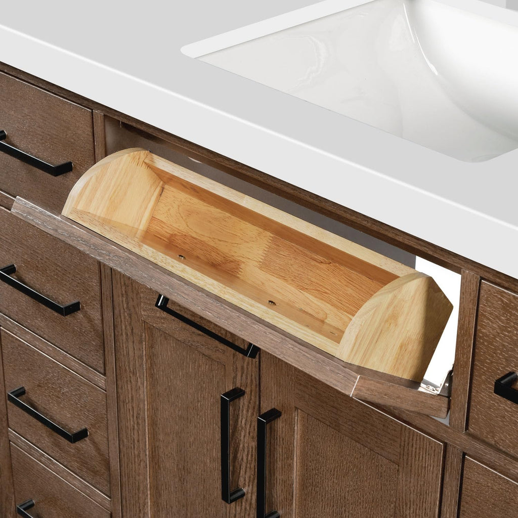 DKB Beckford 42-Inch White Bathroom Vanity with Sink, Solid Wood Base Cabinet, 1.5" White Quartz Countertop, Rectangular Sink, 2 Soft Closing Doors, 9 Drawers