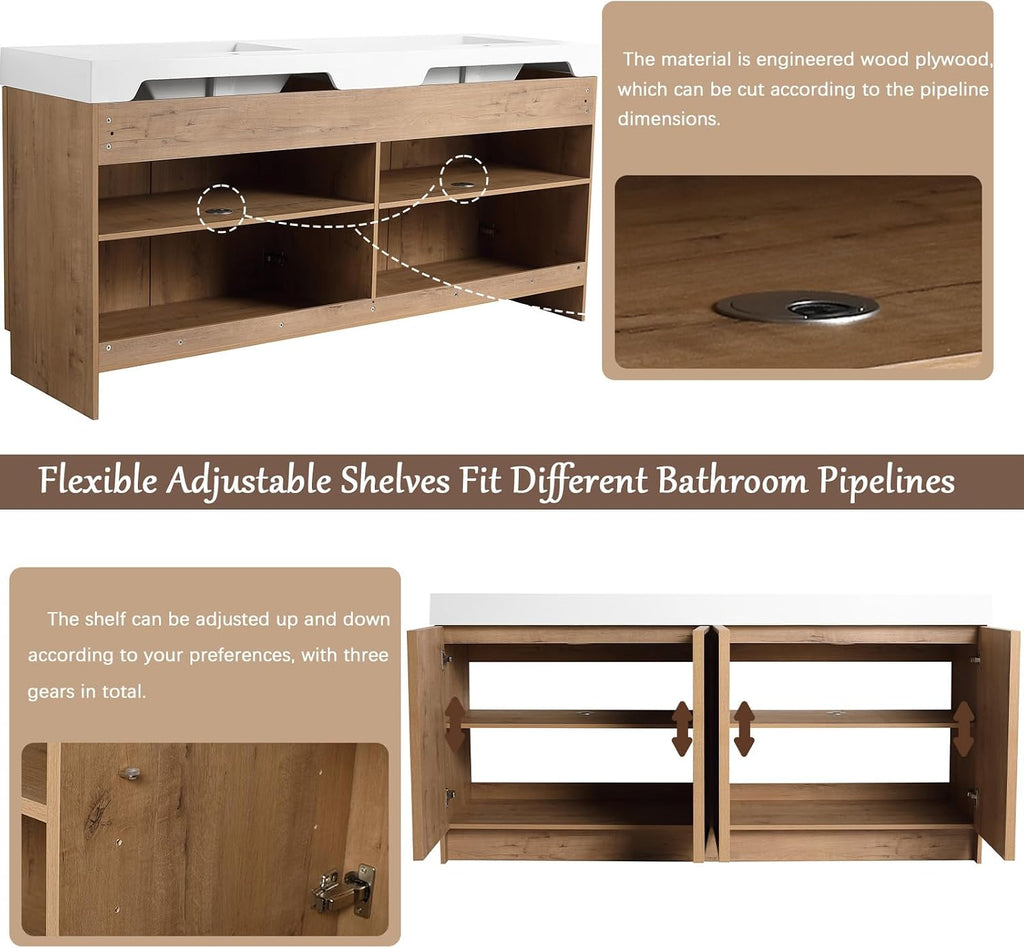 70" Double Sink Bathroom Vanity with Resin Basin, Faux Oak Finish
