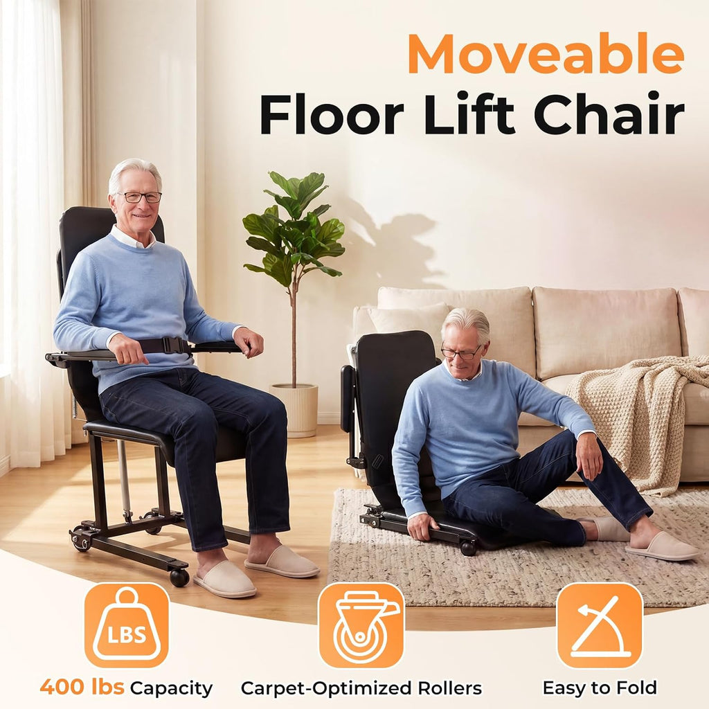 Upgrade Steel Electric Lift Chair with Advanced Wheels and PU Cushion, Floor Lift for Elderly, Support Up to 400 LBS, Safety Seat Belts and Handrails, Suitable for Home or Care Facilities Use, Black