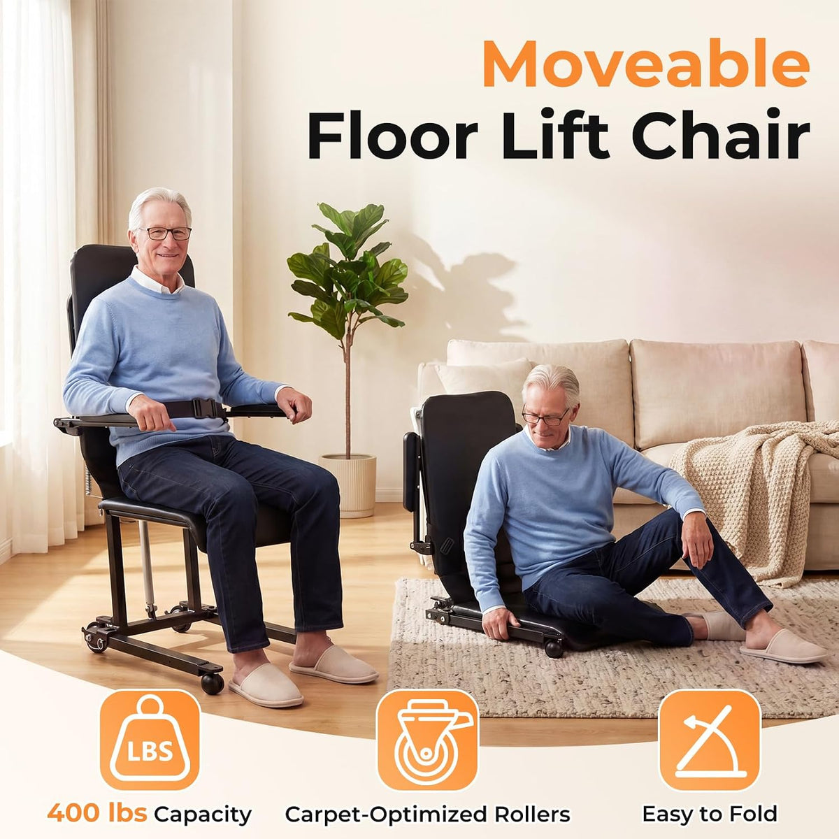 Upgrade Steel Electric Lift Chair with Advanced Wheels and PU Cushion, Floor Lift for Elderly, Support Up to 400 LBS, Safety Seat Belts and Handrails, Suitable for Home or Care Facilities Use, Black
