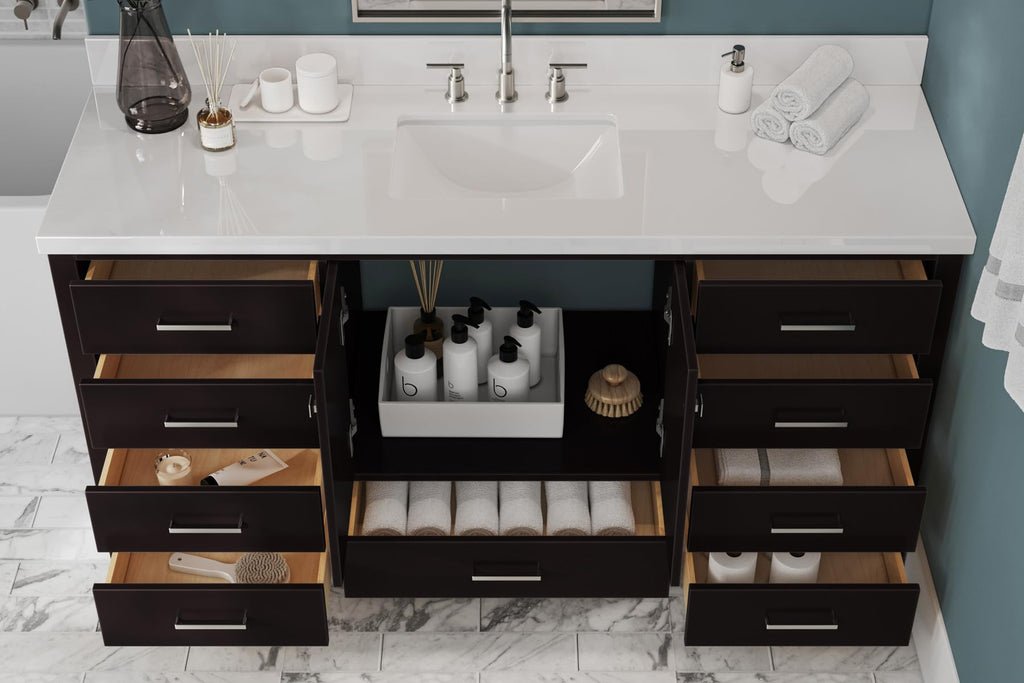 ARIEL Cambridge 66-inch Bathroom Vanity with Sink,Solid Wood, 1.5-inch Italian Carrara Marble Countertop, Single Rectangular Porcelain Sink, 2 Soft Closing Doors, 9 Dovetail Drawers, Midnight Blue