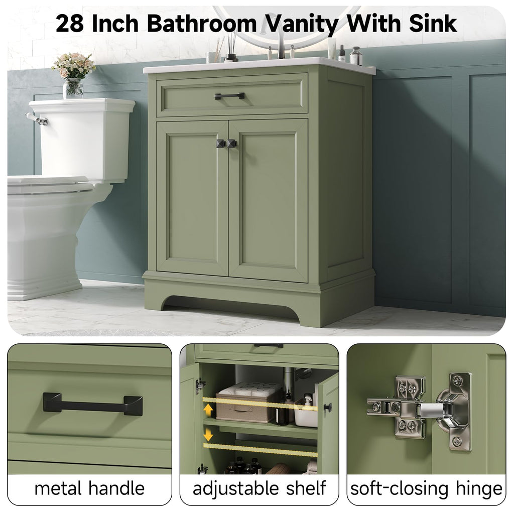ONBRILL 28" Bathroom Vanity with Ceramic Sink, Soft Close Doors,White