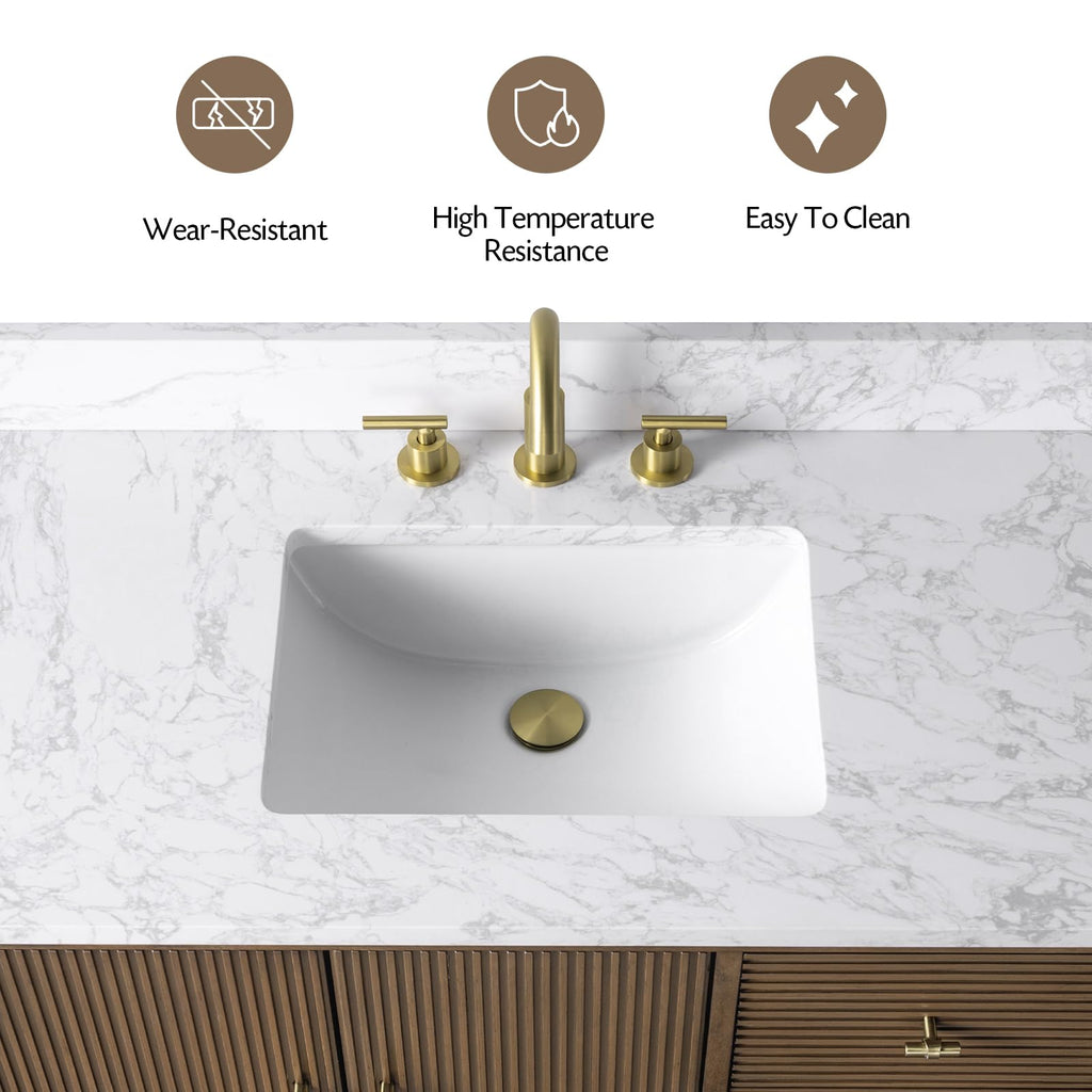 Vanity Art 72" Bathroom Vanity with Double Sink & Arabescato White Engineered Stone Top, Vanity Cabinet with Soft Closing Door, Solid Wood Frame, Golden Brushed Handles, Walnut VA8172D-Walnut-GB
