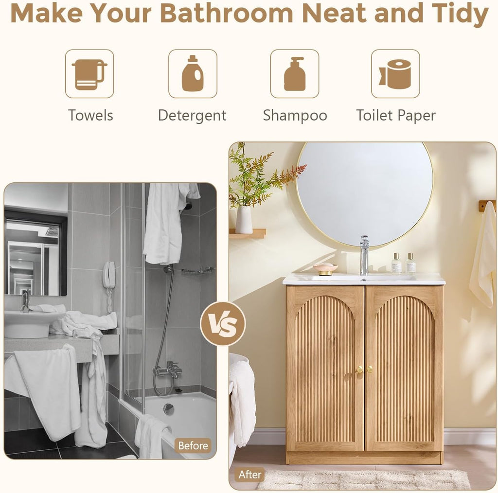 IFBUY 30 Inch Arched Bathroom Vanity with Sink, Fluted Design, Natural Oak