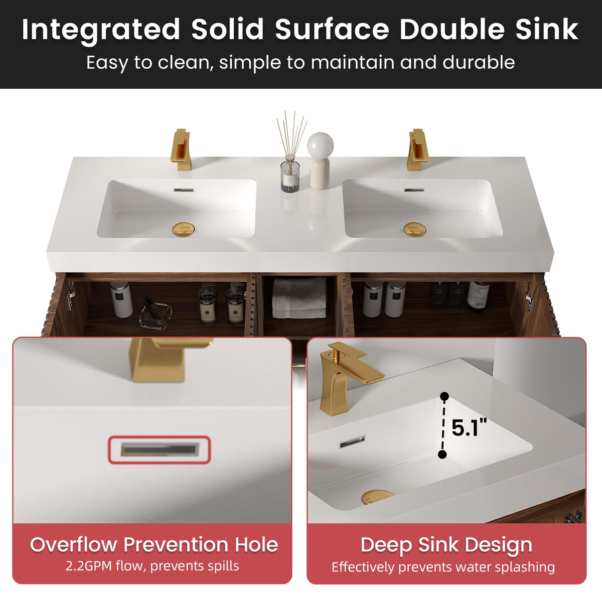 36â Modern Bathroom Vanity with Black Sink, Smoked Brown