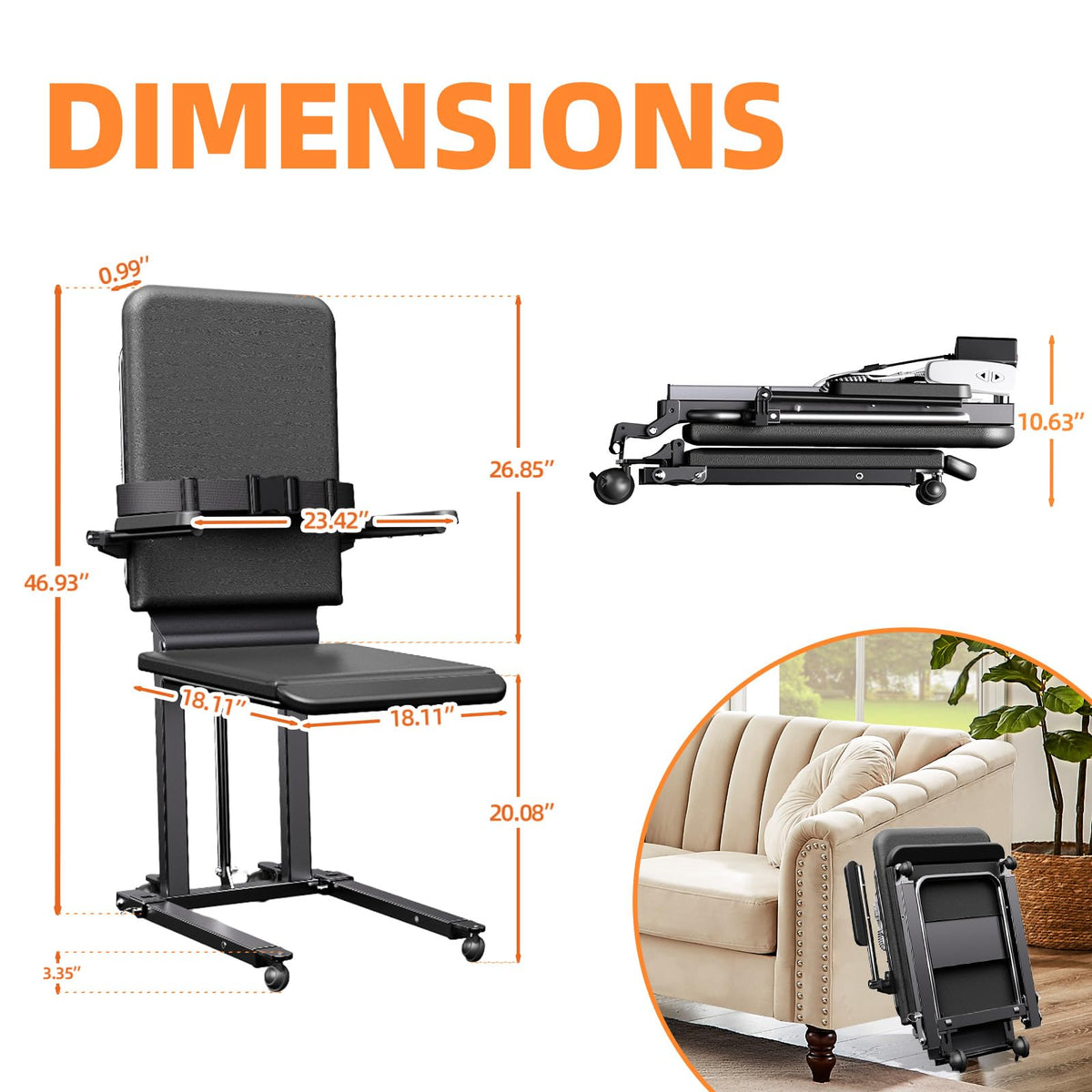 Upgrade Steel Electric Lift Chair with Advanced Wheels and PU Cushion, Floor Lift for Elderly, Support Up to 400 LBS, Safety Seat Belts and Handrails, Suitable for Home or Care Facilities Use, Black