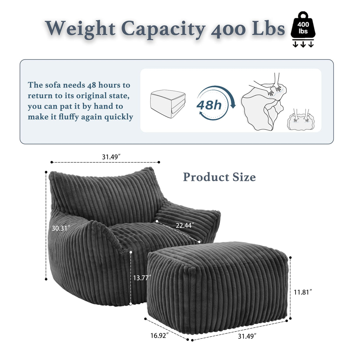 3-in-1 Giant Bean Bag Chair for Adults & Kids, Convertible Floor Sofa to Mattress, Memory Foam Beanbag Chair with Washable Cover, Multi Functional Lounge Couch for Bedroom, Living Room (Dark Grey)