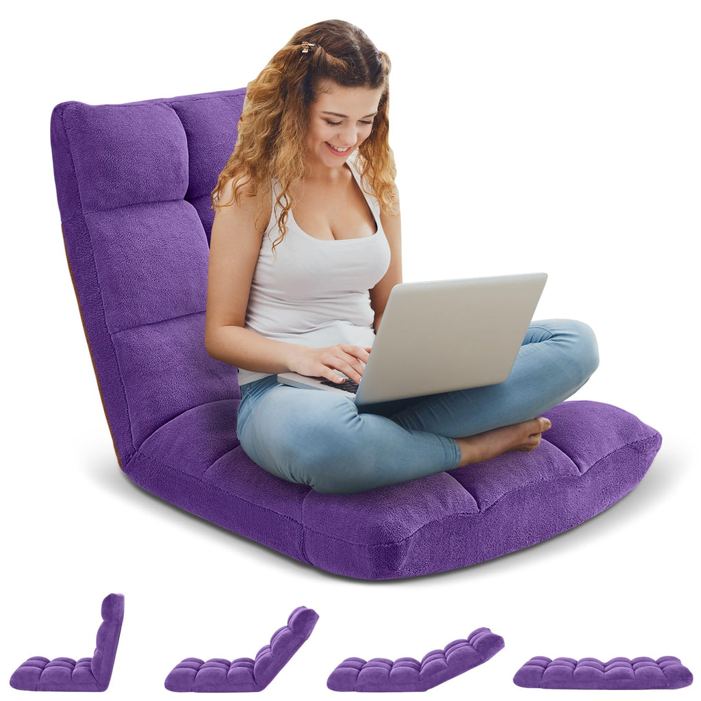 Folding Floor Gaming Chair 14-Poistion Cushioned Adjustable Floor Lazy Sofa Chair w/Breathable Cotton & Skin-Friendly Velvet for Adults & Kids Perfect for Reading Gaming Meditating, Darkblue
