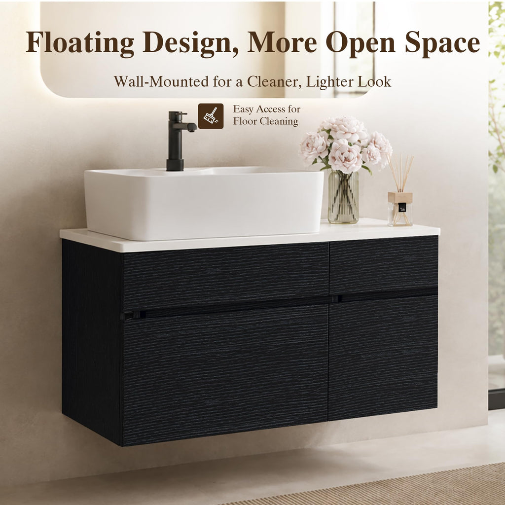 36 Inch Bathroom Vanity with Sink, Black Floating Wall Mounted Vanity