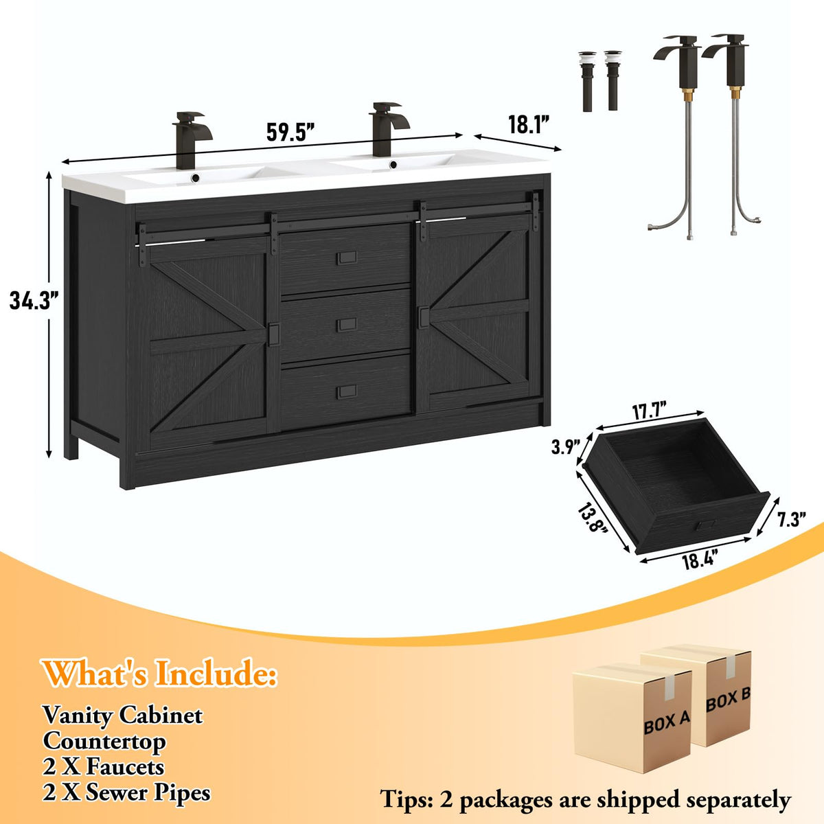 Double Bathroom Vanity with Sink & Faucet & Sewer Pipes,59" Farmhouse Bathroom Vanity Cabinet Set with 3 Storage Drawers & Sliding Barn Door,Double Sink Vanities With Metal Handle(Rustic Grey)