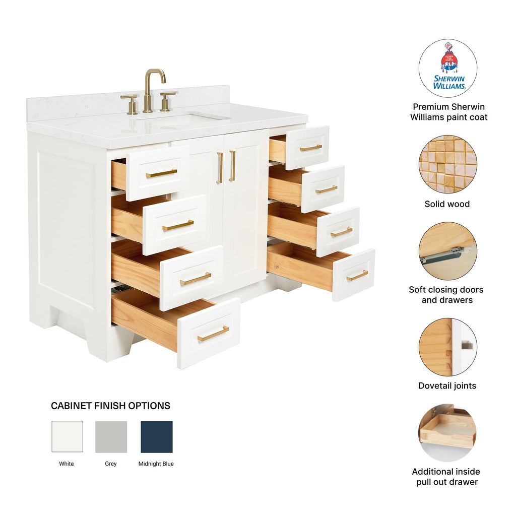 DKB Emilia 48-Inch Bathroom Vanity with Sink â Midnight Blue Single Sink Bathroom Vanity, 1.5" Edge Carrara Quartz Countertop, Solid Wood, 2 Soft Closing Doors, 9 Dovetail Drawers