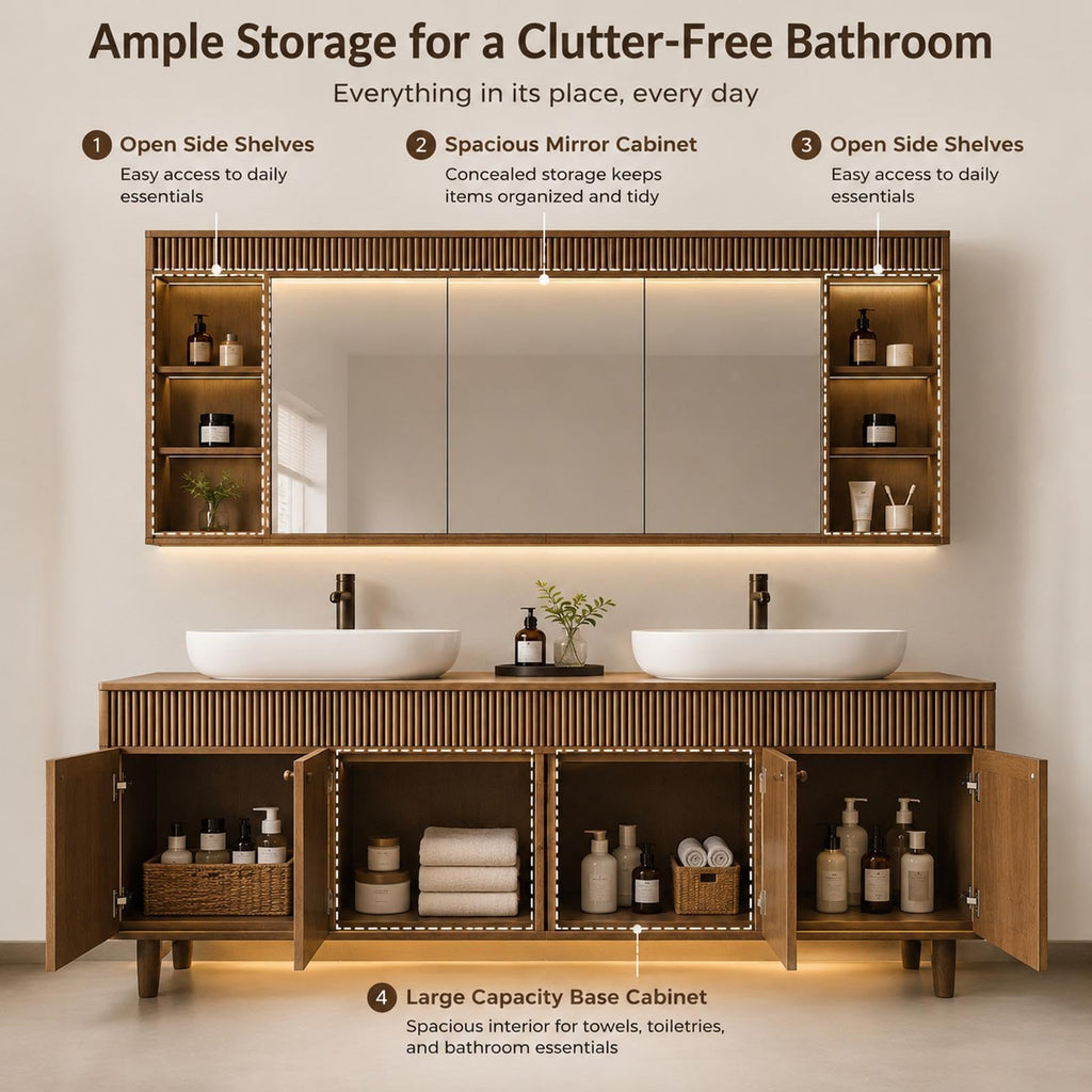 70 IN Freestanding Double Bathroom Vanity with Sinks & LED Mirror Cabinet