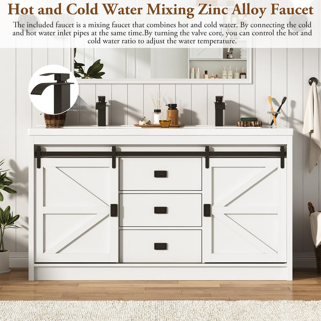 Double Bathroom Vanity with Sink & Faucet & Sewer Pipes,59" Farmhouse Bathroom Vanity Cabinet Set with 3 Storage Drawers & Sliding Barn Door,Double Sink Vanities With Metal Handle(Rustic Grey)