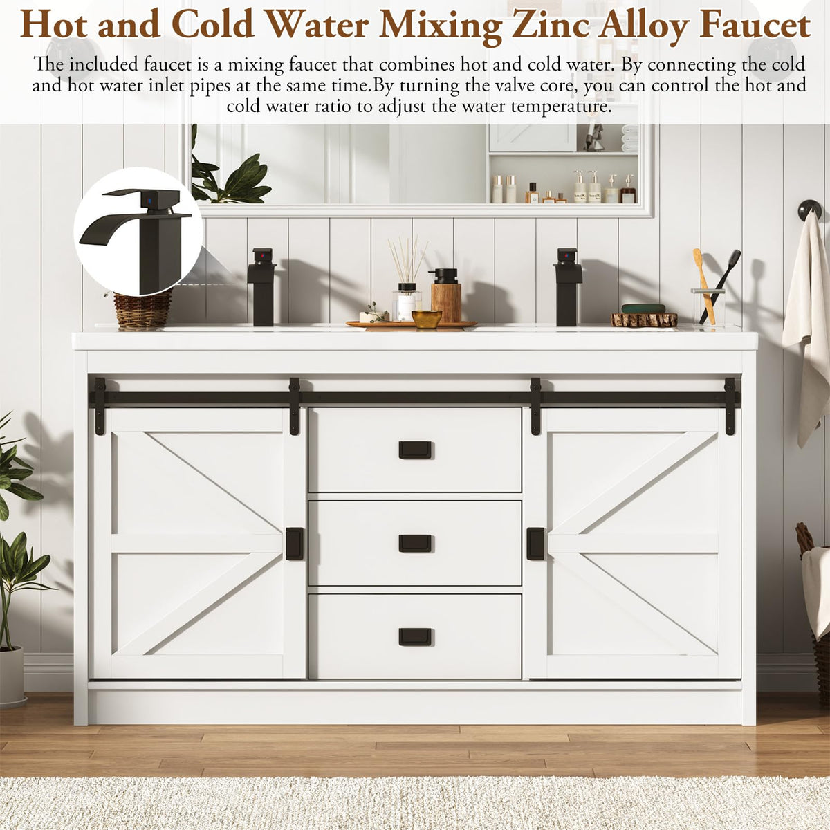 Double Bathroom Vanity with Sink & Faucet & Sewer Pipes,59" Farmhouse Bathroom Vanity Cabinet Set with 3 Storage Drawers & Sliding Barn Door,Double Sink Vanities With Metal Handle(Rustic Grey)
