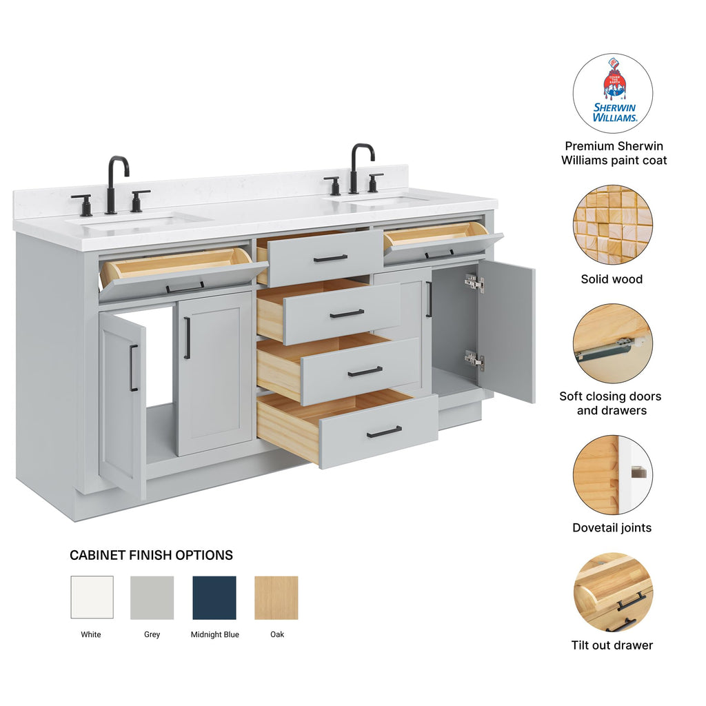 DKB Emilia 72 Inch Bathroom Vanity Double Sink â White Bathroom Vanity with Sink, 1.5" Edge Carrara White Quartz Countertop & Backsplash, 4 Soft-Close Doors, and 6 Dovetail Drawers