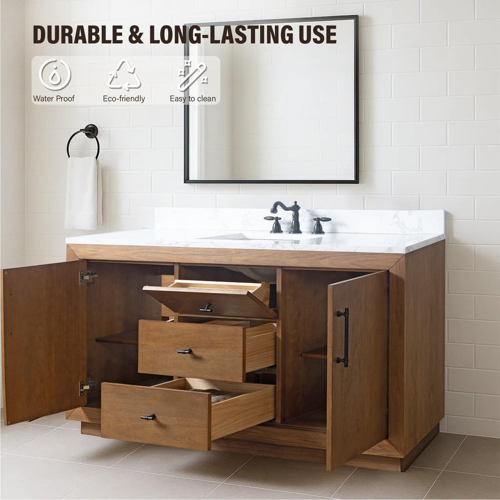 HOMEBEYOND 72" Bathroom Vanity with Double Sink & Ceramic Top, MDF Material Vanity Cabinet with Basin Combo, Soft-Closing Doors, Removable Shelf, Backsplash, Tan