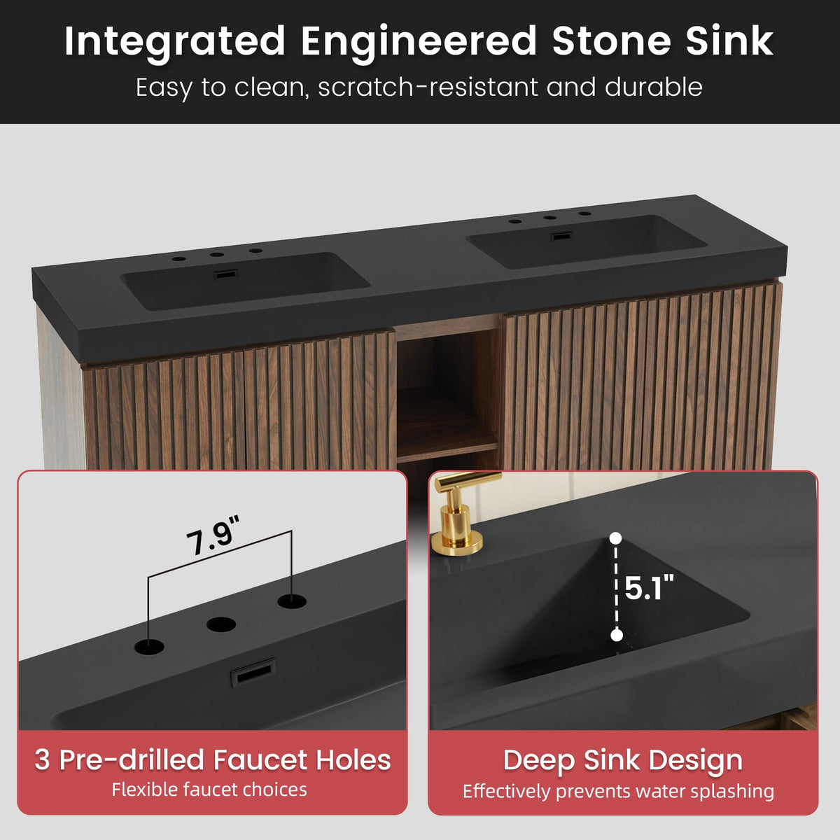36â Modern Bathroom Vanity with Black Sink, Smoked Brown