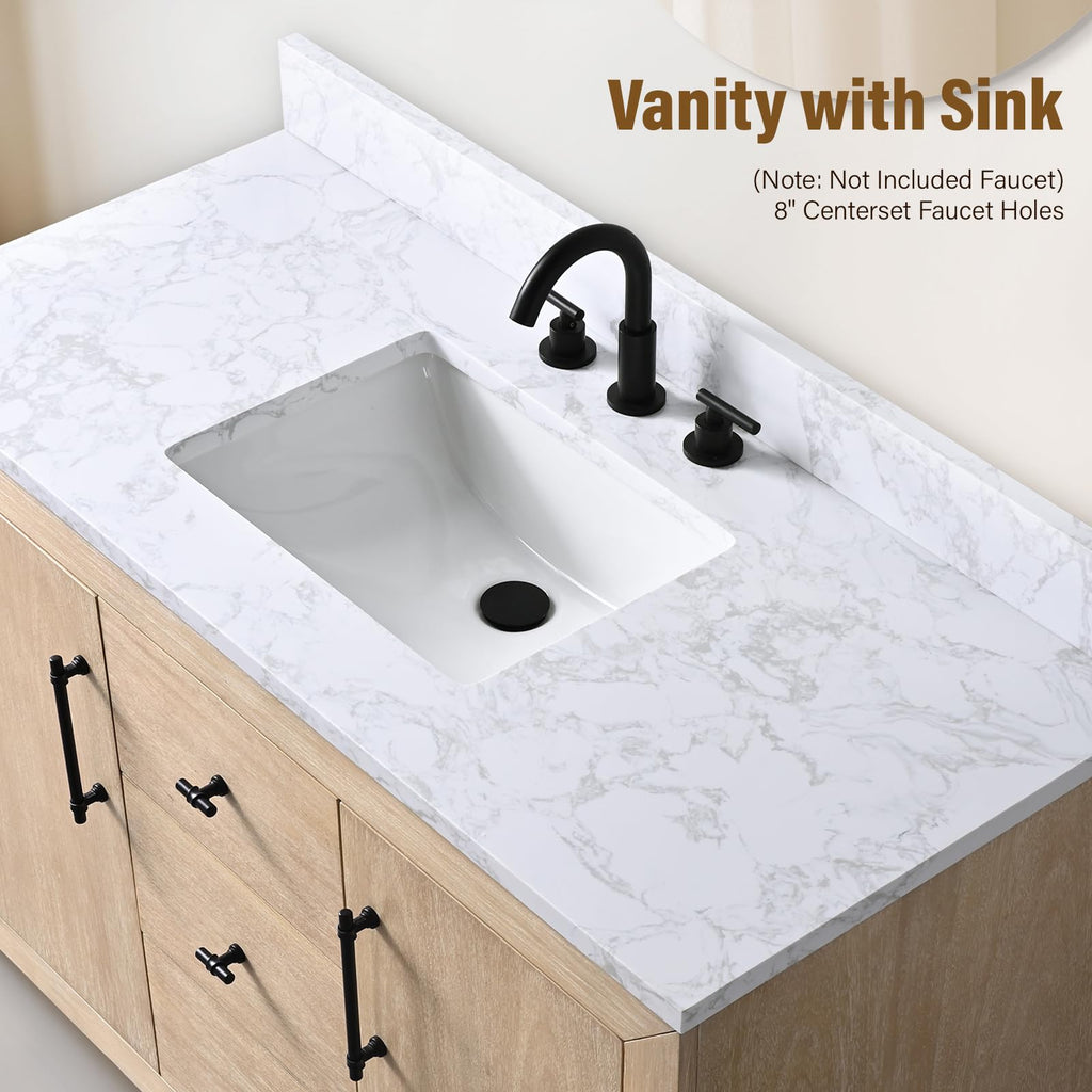 HOMEBEYOND 72" Bathroom Vanity with Double Sink & Ceramic Top, MDF Material Vanity Cabinet with Basin Combo, Soft-Closing Doors, Removable Shelf, Backsplash, Tan