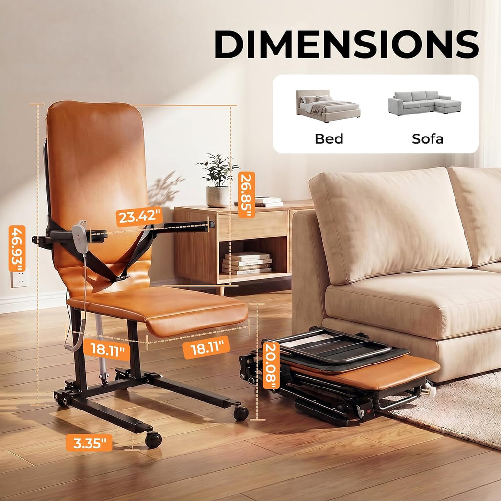 Steel Electric Floor Lift Chair with Wheels and PU Cushion, Floor Lift for Elderly, 440 LBS Capacity, Seat Belts and Handrails, Suitable for Home Use