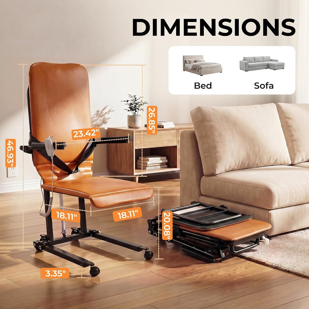 Steel Electric Floor Lift Chair with Wheels and PU Cushion, Floor Lift for Elderly, 440 LBS Capacity, Seat Belts and Handrails, Suitable for Home Use