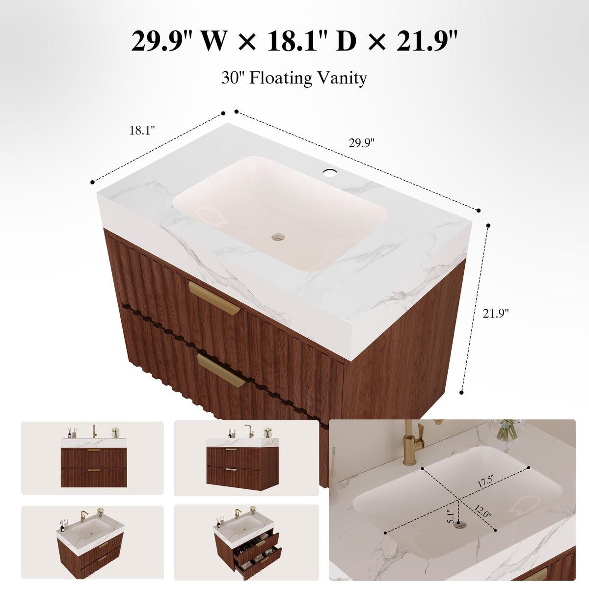 36 Inch Bathroom Vanity with Sink, Black Floating Wall Mounted Vanity