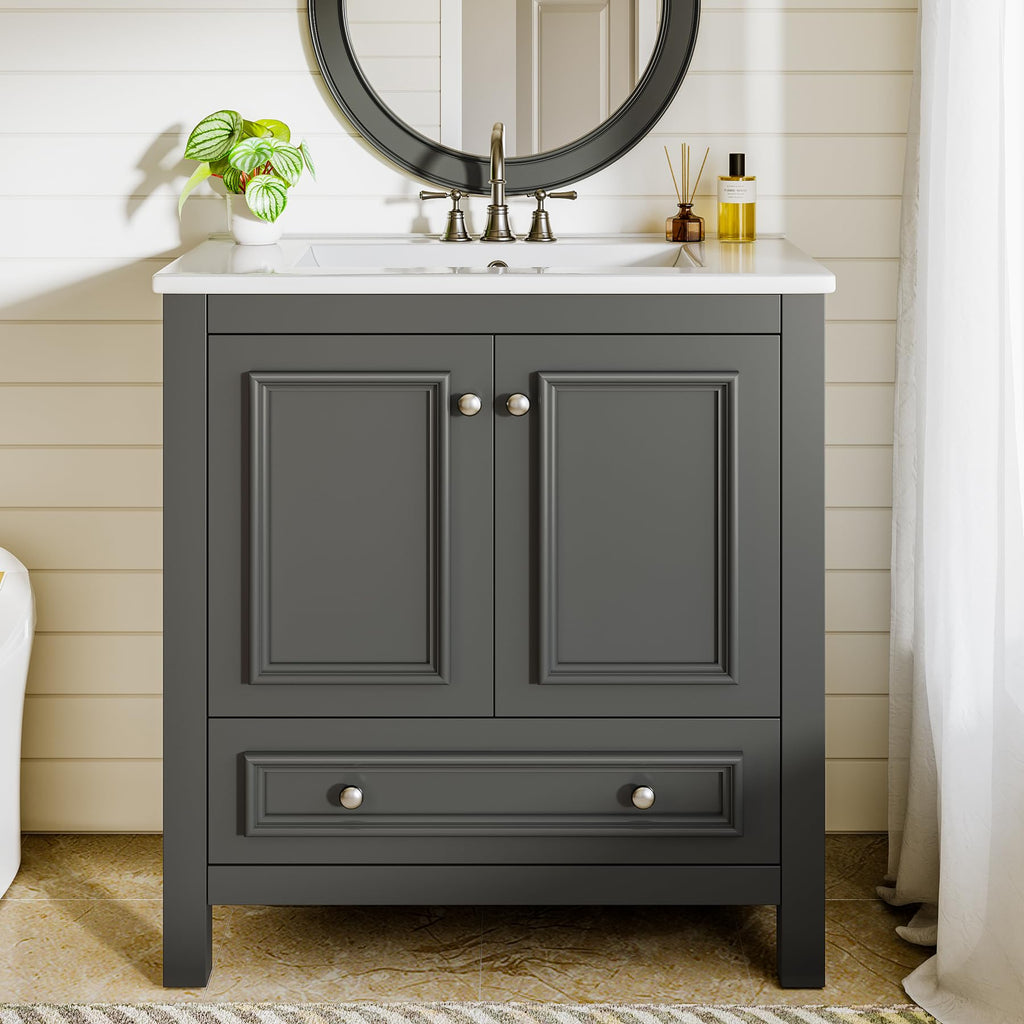 Tribesigns 30" Bathroom Vanity with Sink, Freestanding Bathroom Vanities Cabinet with Ceramic Basin Combo, Bathroom Sink Cabinet with 2 Doors and 1 Drawer, Solid Wooden Frame (Navy Blue, 30 INCH)