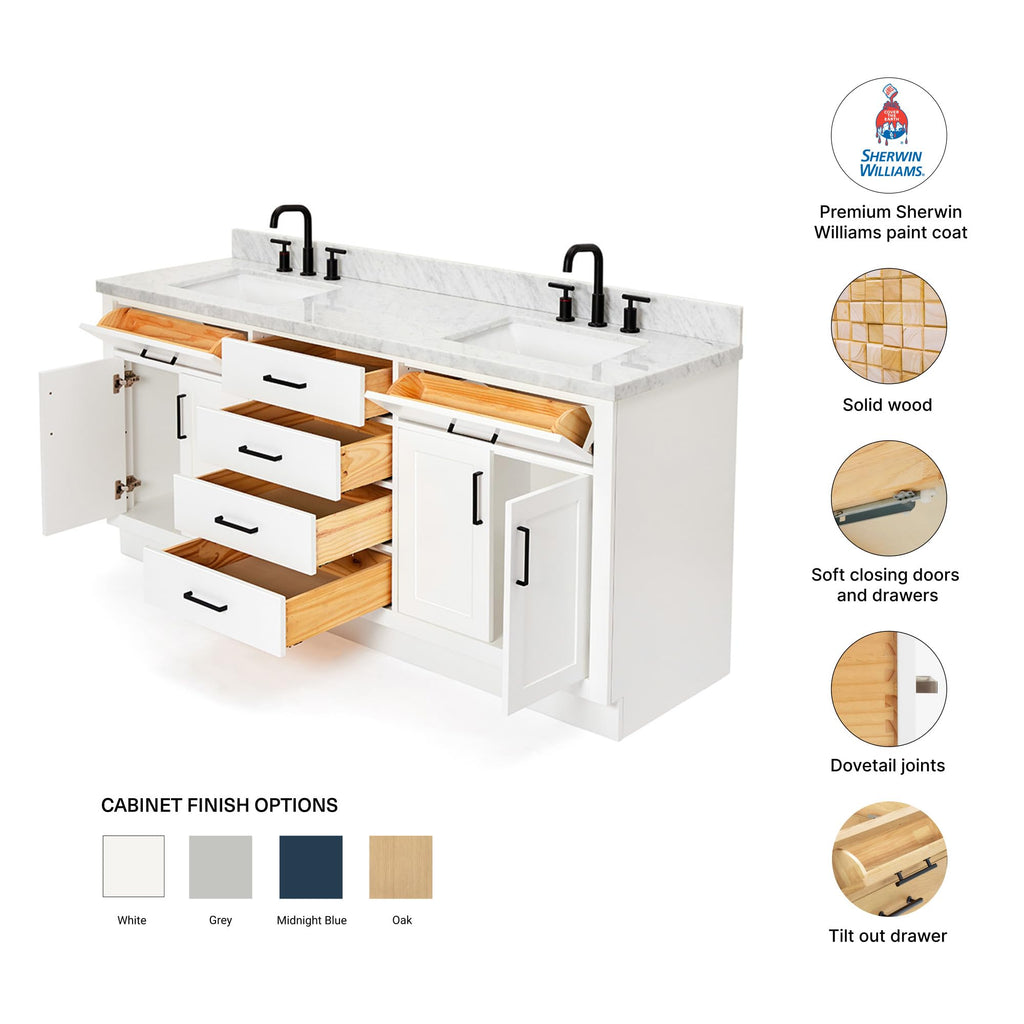 DKB Isabella 72" Oak Double Bathroom Vanity with Sink, 1.5" Carrara White Marble Countertop, Rectangle Undermount Sinks, 4 Soft Closing Doors, 6 Dovetail Drawers