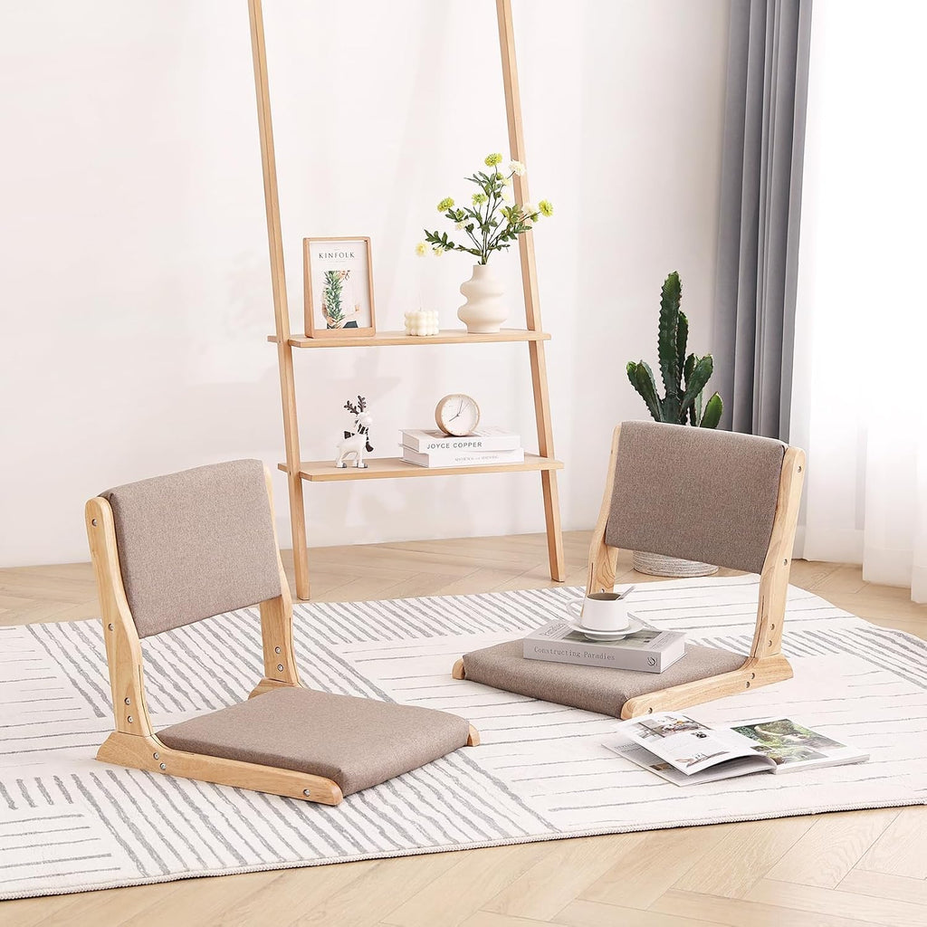 Tiita 2-Pack Foldable Meditation Floor Chairs with Back Support, Wood Grey