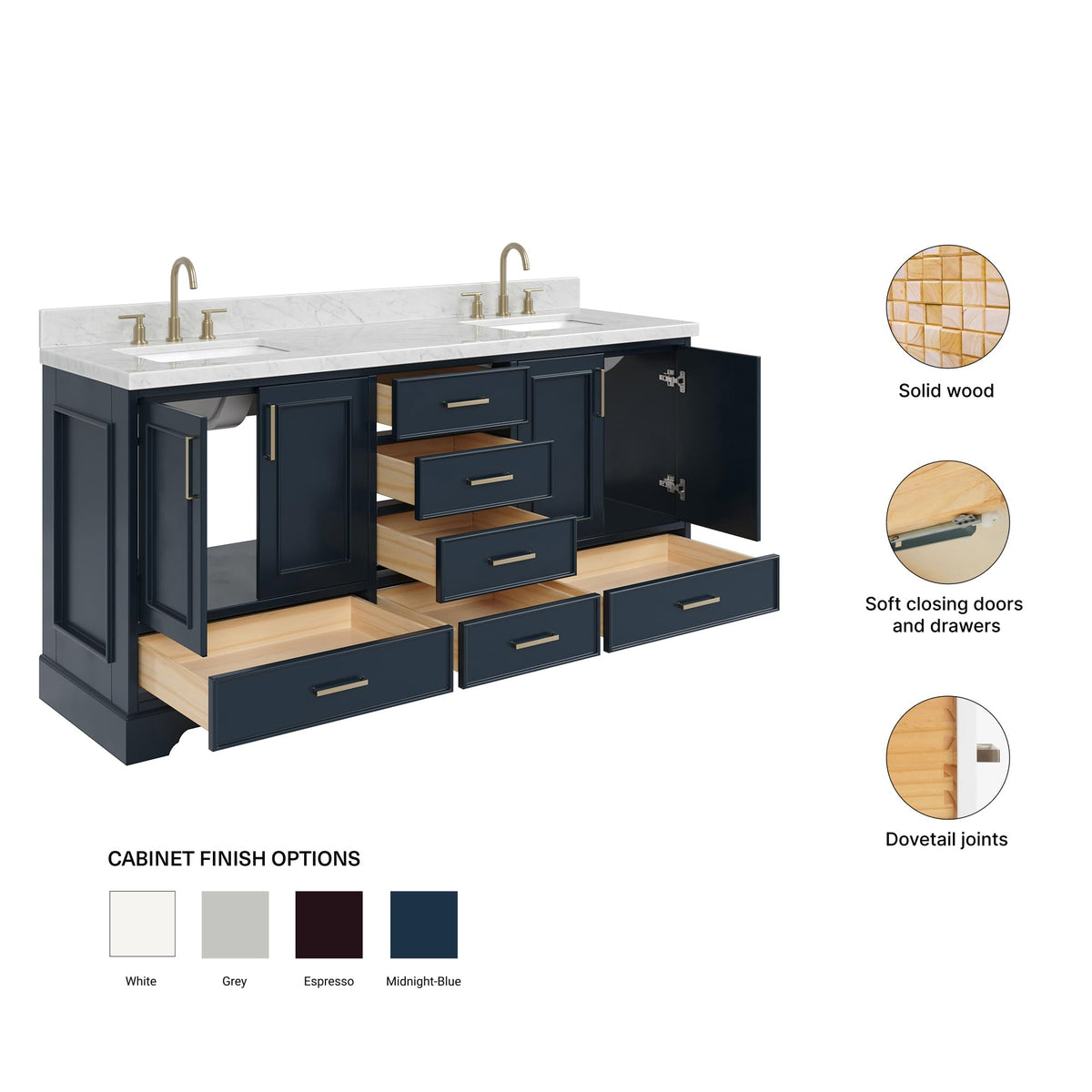 DKB Isabella 72" Oak Double Bathroom Vanity with Sink, 1.5" Carrara White Marble Countertop, Rectangle Undermount Sinks, 4 Soft Closing Doors, 6 Dovetail Drawers