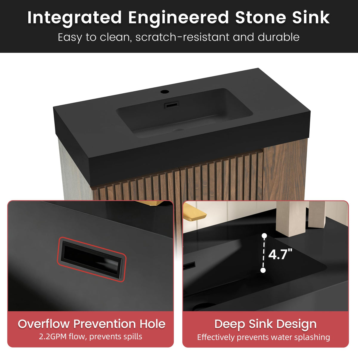 36â Modern Bathroom Vanity with Black Sink, Smoked Brown