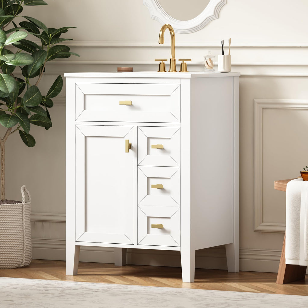 36 Inch Bathroom Vanities with Undermount Ceramic Sink, Storage Cabinet with Soft Closing Doors and Three Drawers, Solid Wood Frame, Natural Wood