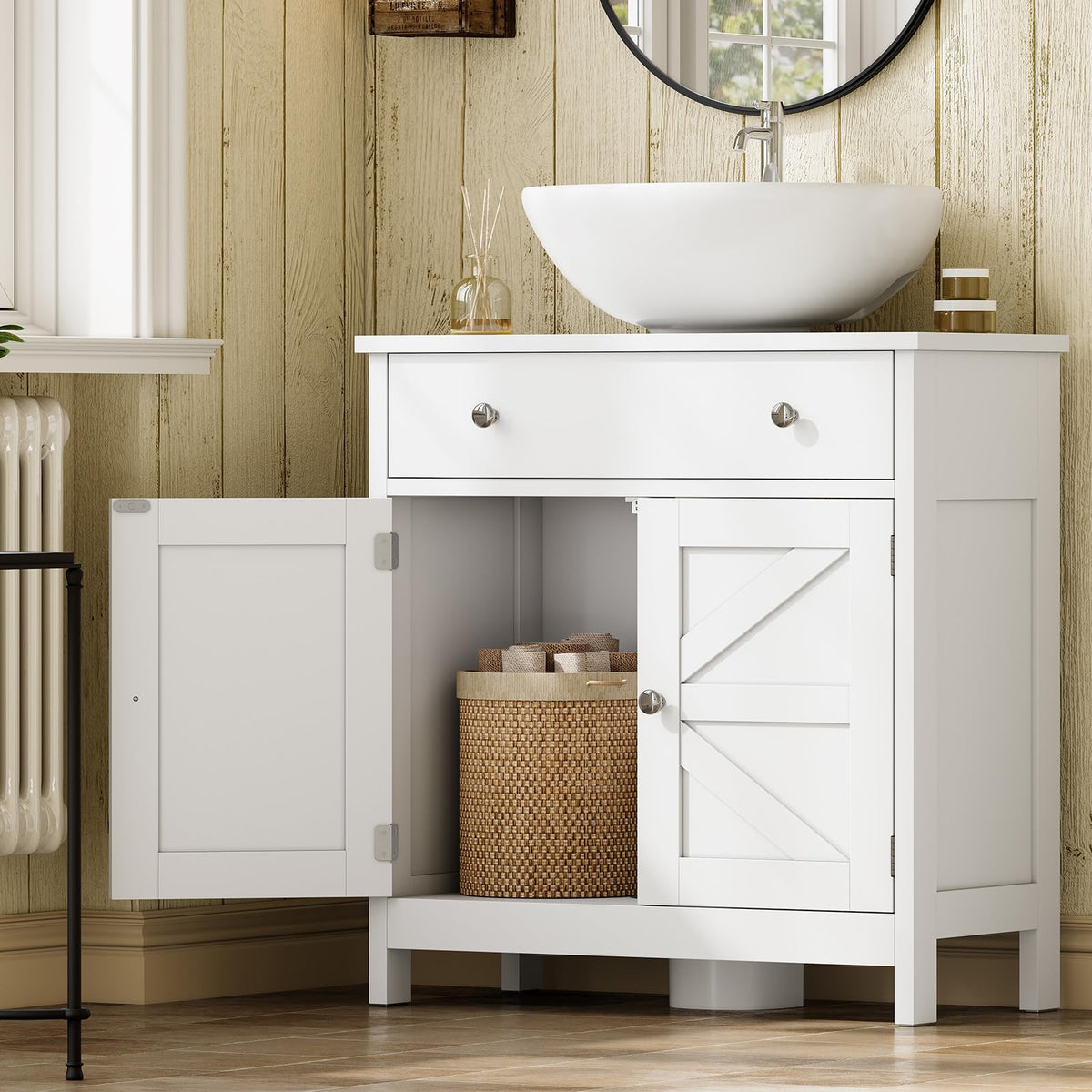 TEENFON Pedestal Sink Storage Cabinet with 2 Doorsand Drawer, Bathroom Sink Cabinet, Under Sink Storage with U-Shape Cut-Out, White
