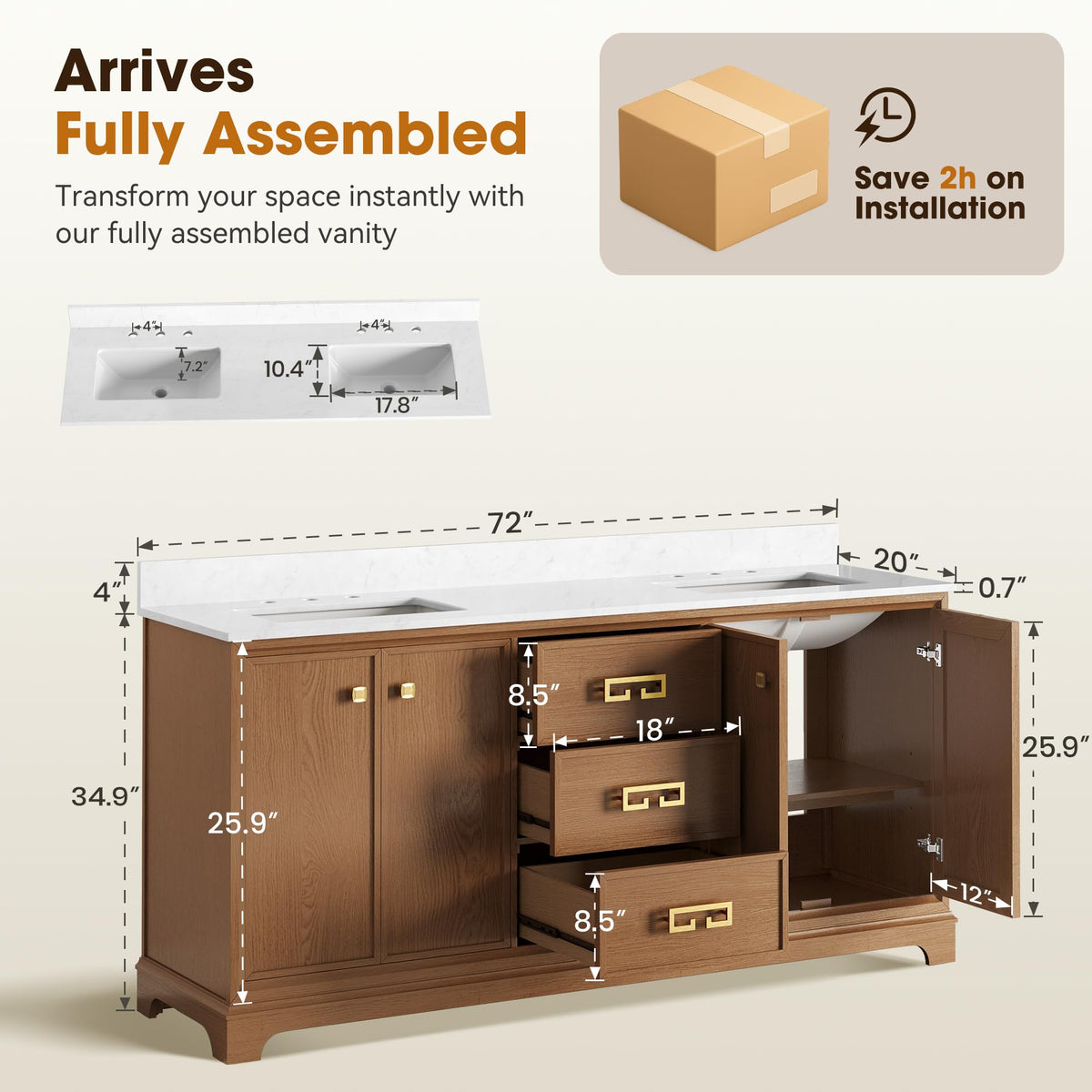 72 Inch Double Sink Bathroom Vanity Solid Wood, Fully Assembled